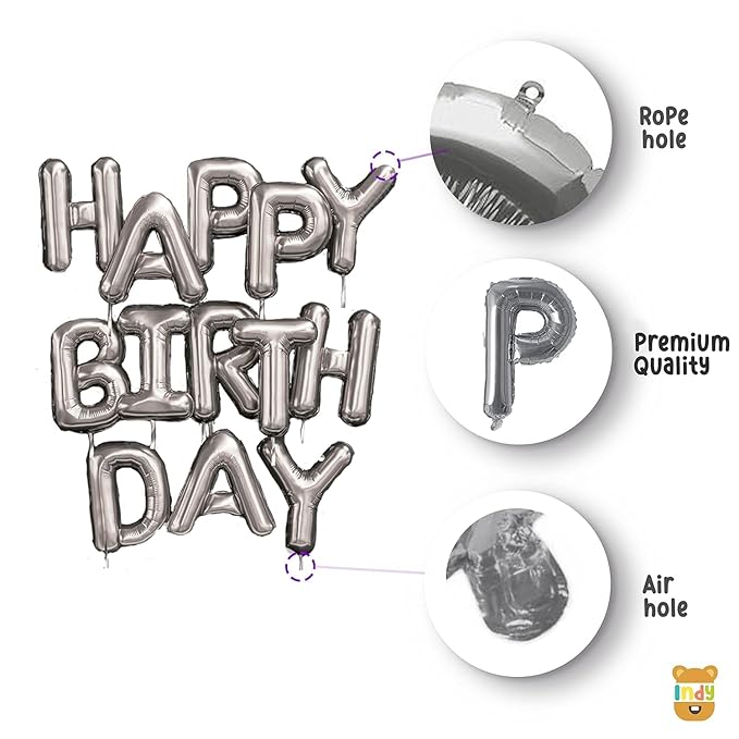 GLAZE&SHINE Happy Birthday Foil Balloons Banner – 13 Golden Letters, Reusable Metallic Alphabet Balloons, Decoration Set for Boys, Girls, Kids, Adults – 16 Inch Size (Silver) - Image 3