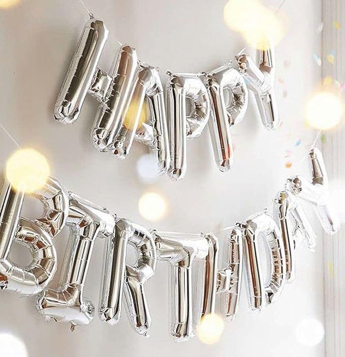 GLAZE&SHINE Happy Birthday Foil Balloons Banner – 13 Golden Letters, Reusable Metallic Alphabet Balloons, Decoration Set for Boys, Girls, Kids, Adults – 16 Inch Size (Silver) - Image 5
