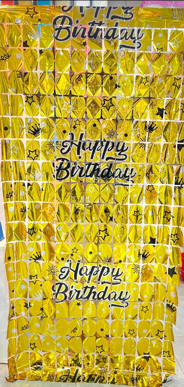 Foil curtain printed Happy Birthday.All colours available